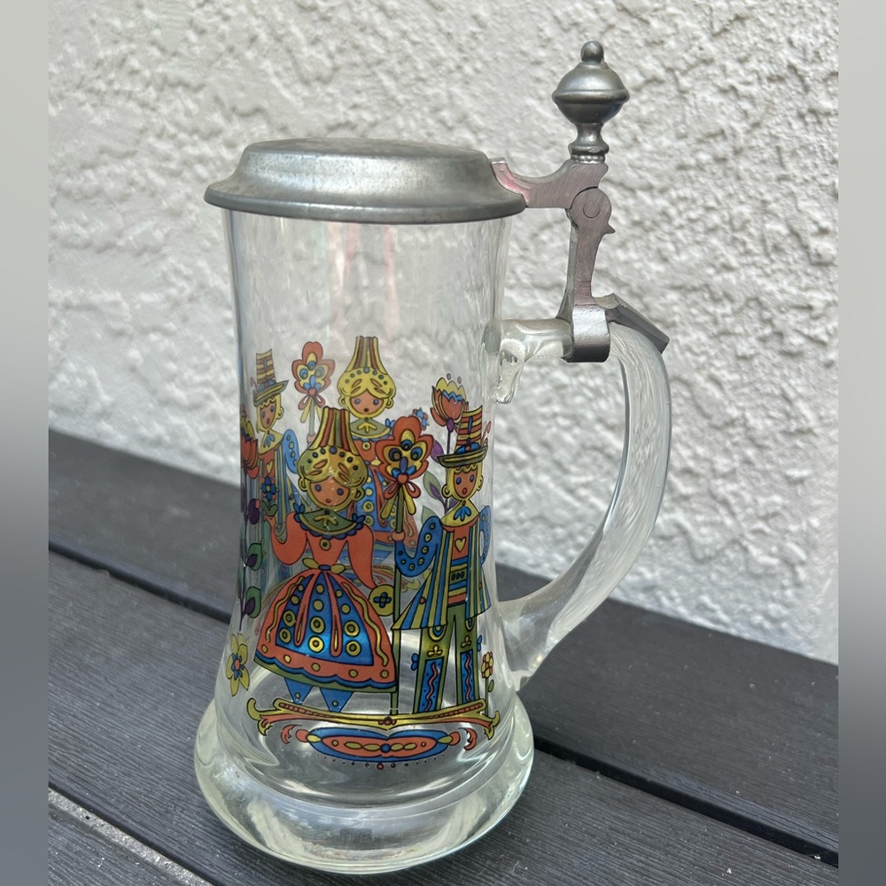 Vintage German Glass Beer Stein with Pewter Lid Folk Art Illustrated Bavarian